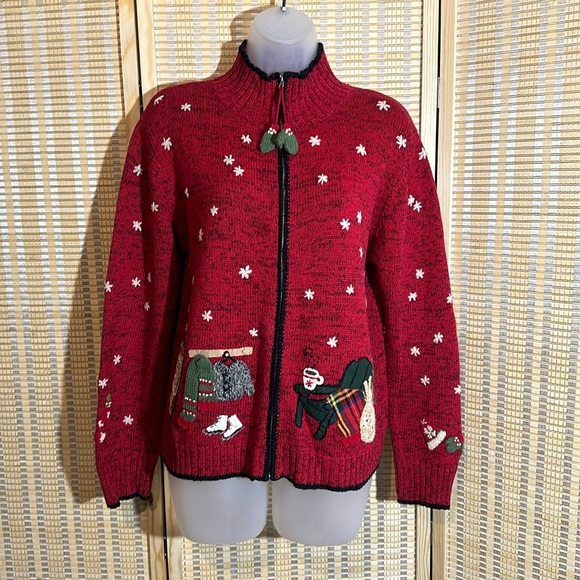 Coldwater Creek Red Knit Ugly Holiday Sweater Cardigan Winter Activities Medium - Picture 1 of 16